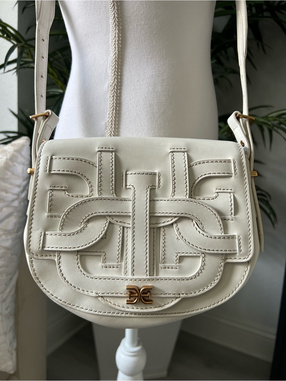 Sam Edelman Cream Leather Crossbody with Embroidered Overlay